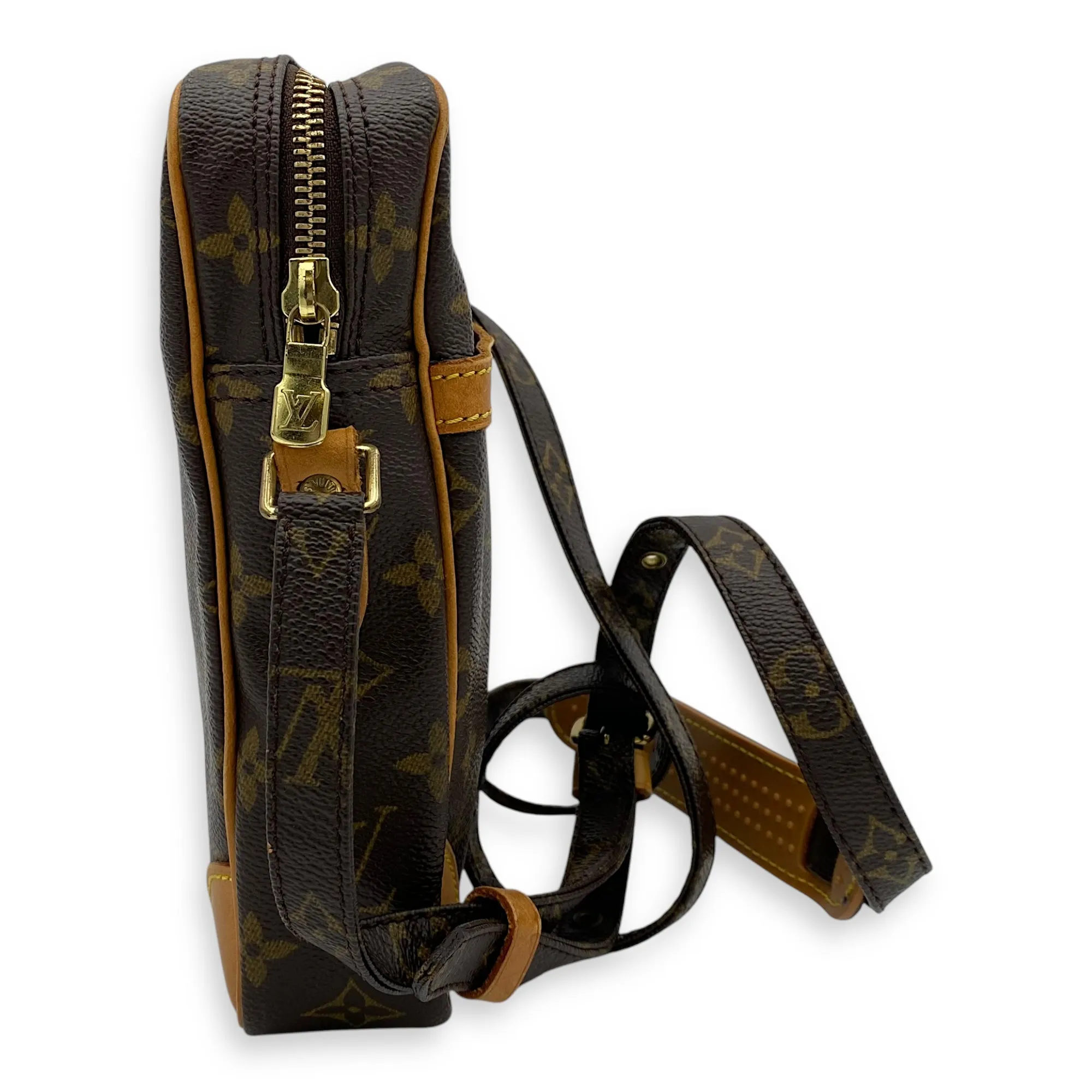 Danube Brown Crossbody Bag in Monogram Coated Canvas, Gold hardware