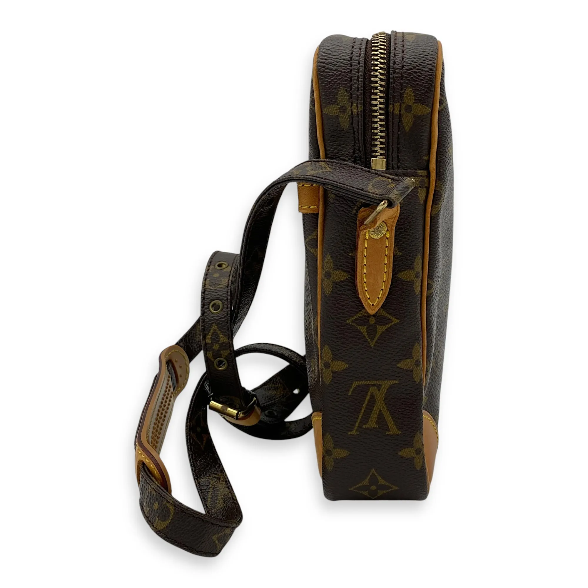 Danube Brown Crossbody Bag in Monogram Coated Canvas, Gold hardware