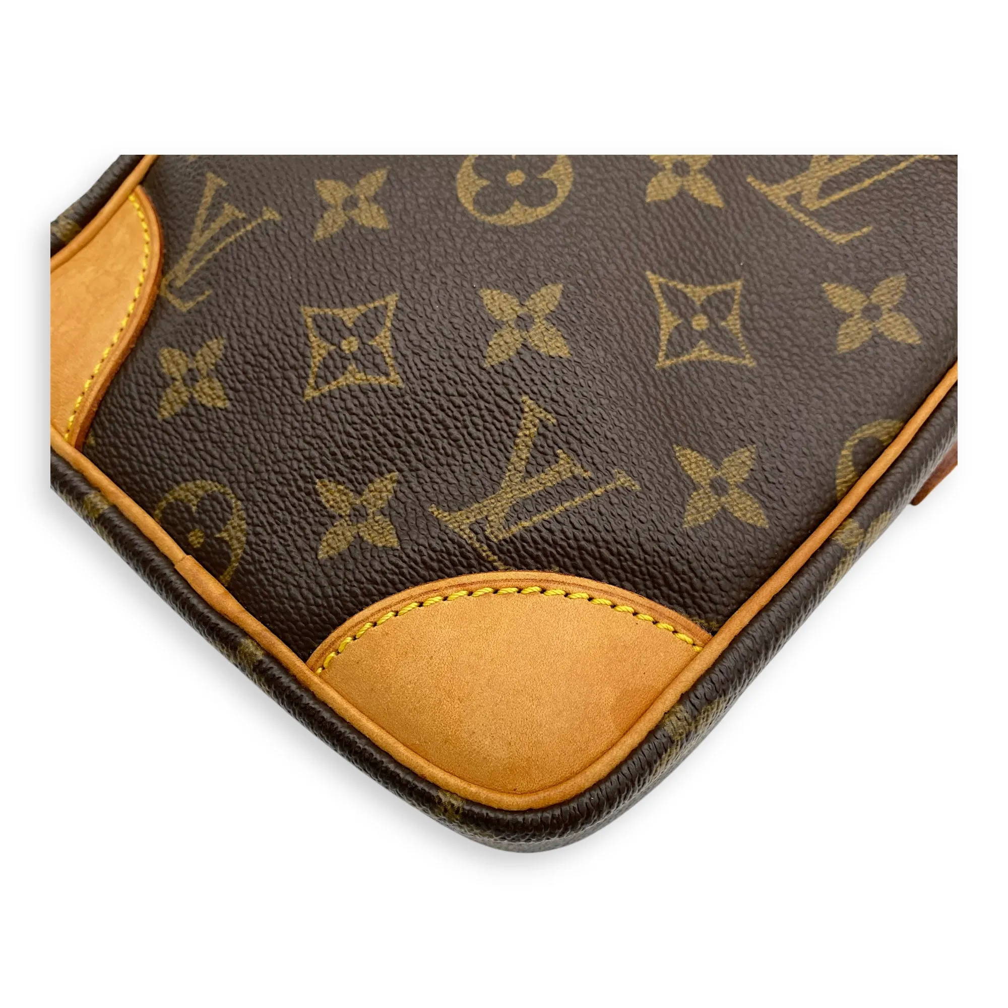 Danube Brown Crossbody Bag in Monogram Coated Canvas, Gold hardware