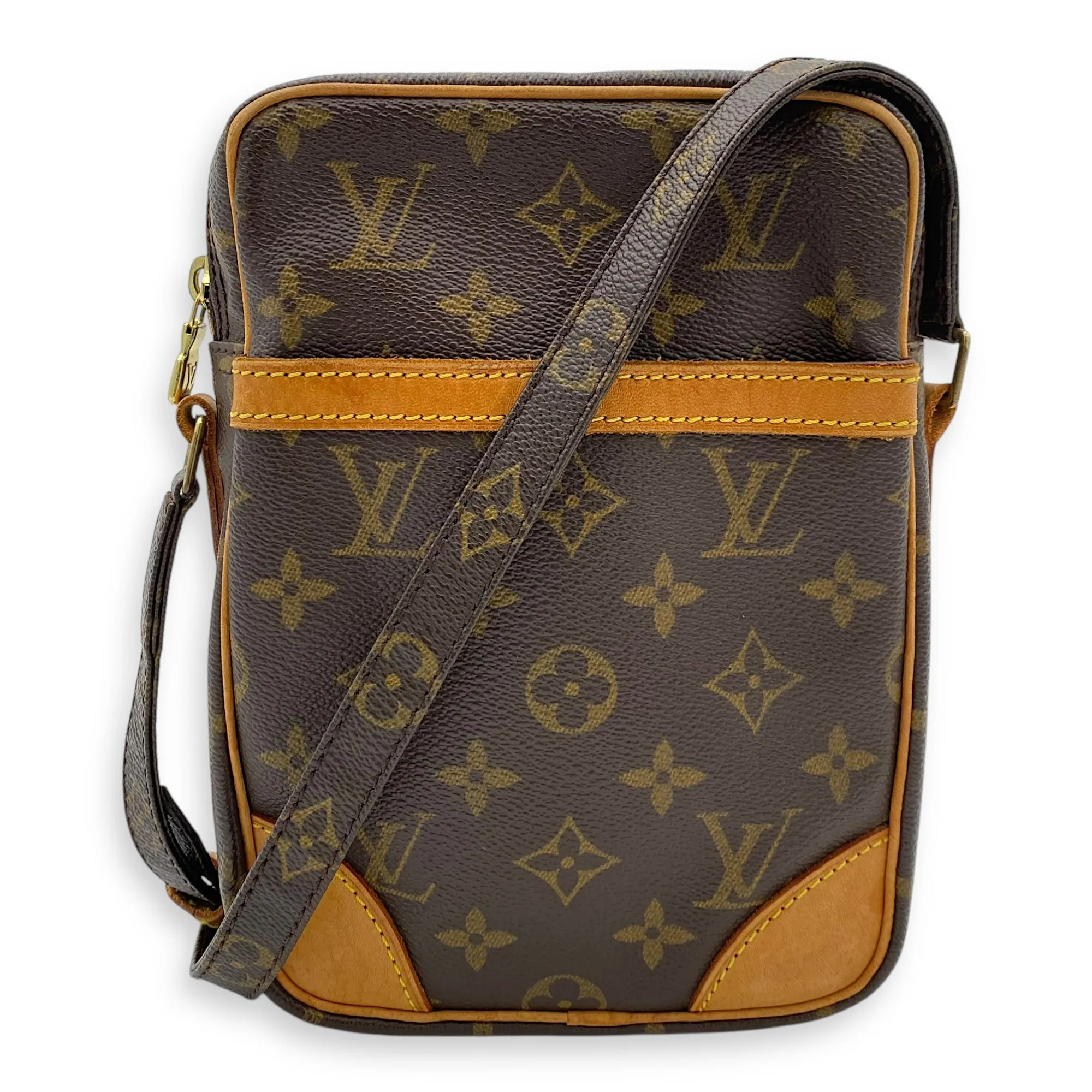 Danube Brown Crossbody Bag in Monogram Coated Canvas, Gold hardware