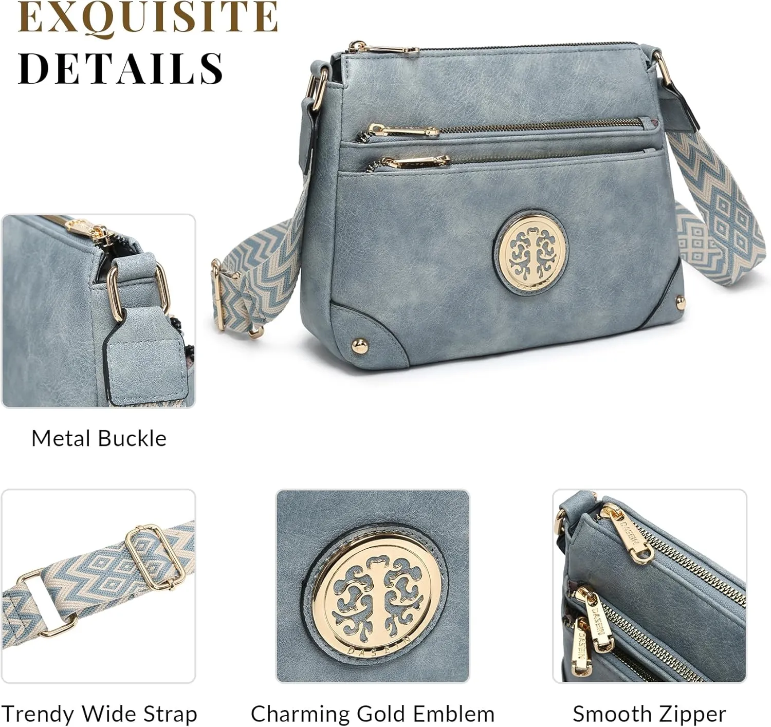 Dasein Crossbody Purses for Women Trendy Multi Pockets Shoulder Bag Medium Handbags with Guitar Strap