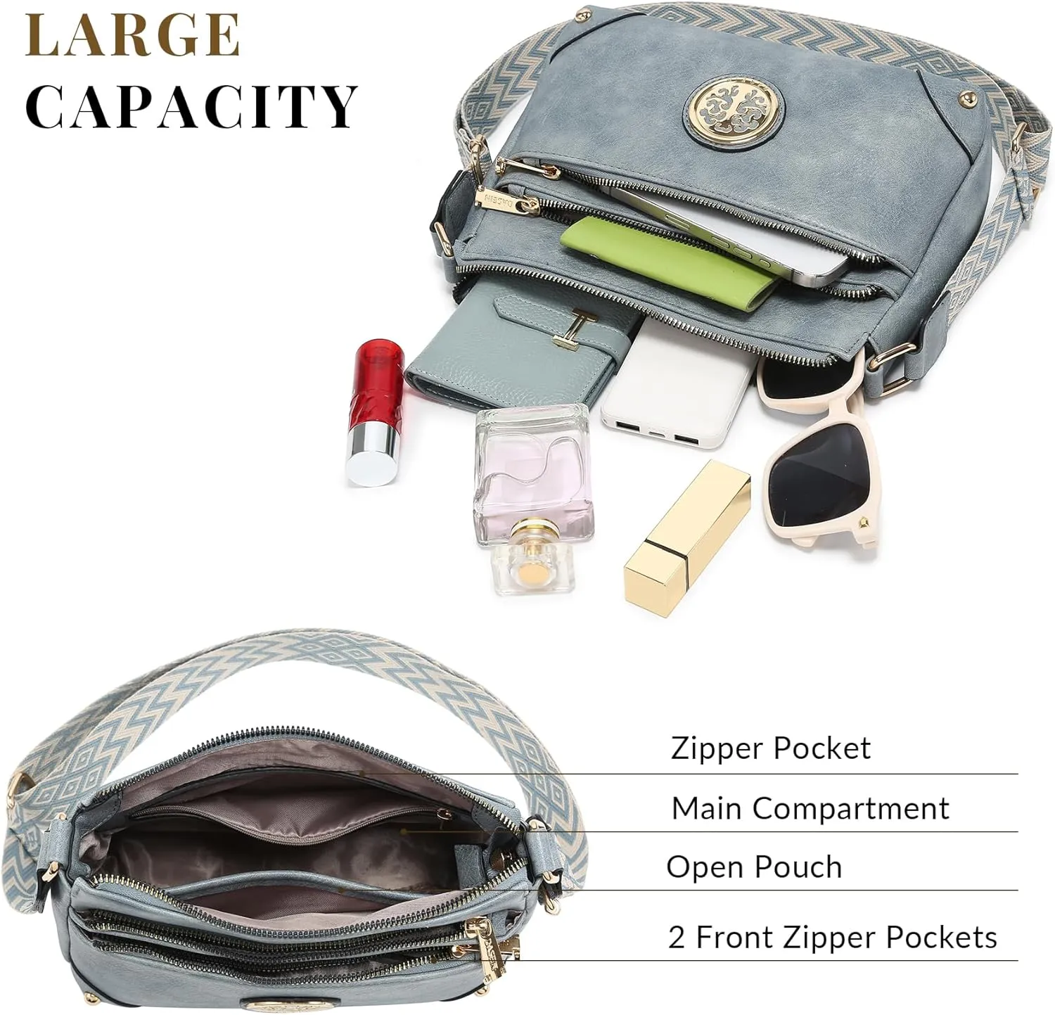 Dasein Crossbody Purses for Women Trendy Multi Pockets Shoulder Bag Medium Handbags with Guitar Strap