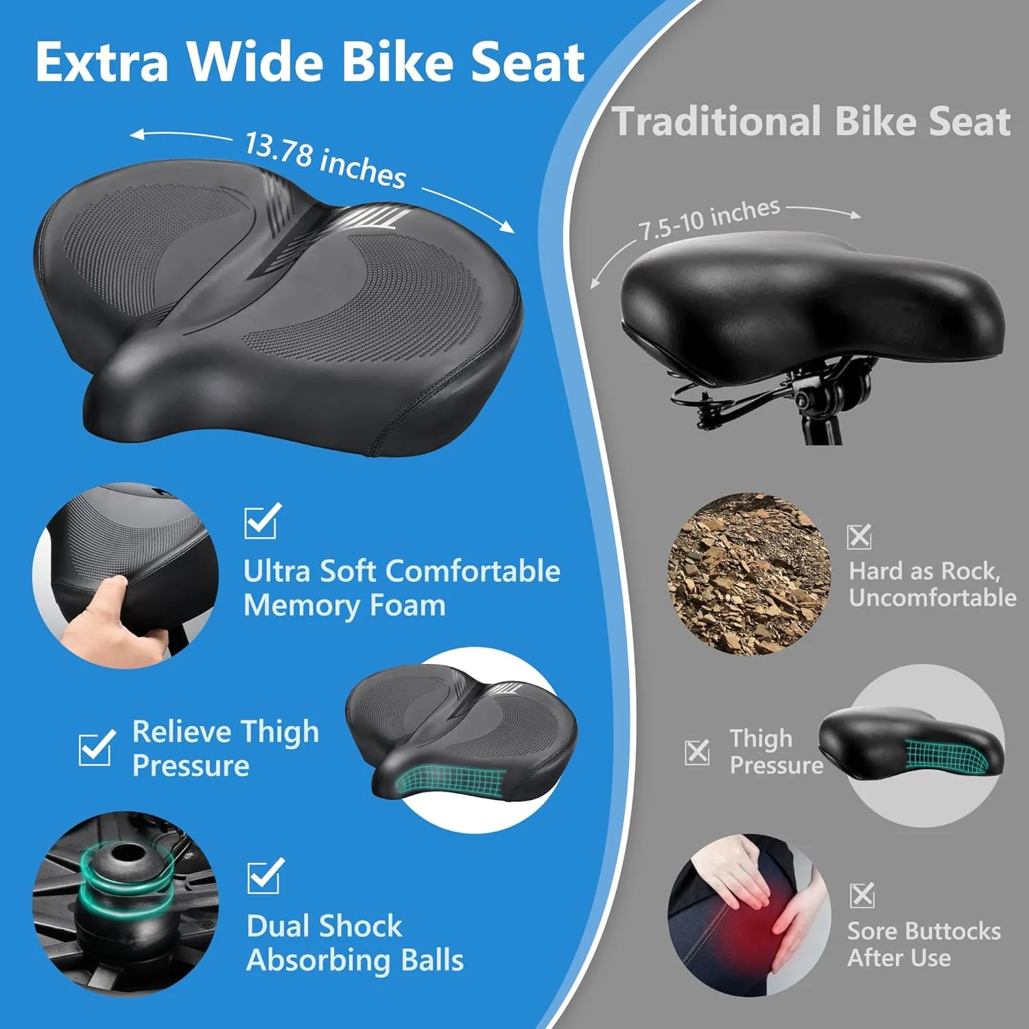 DAWAY C40 Ultra Comfortable Oversized Bike Seat - Memory Foam Padded, Extra Wide Bicycle Saddle, Ergonomic Replacement Cushion for Men Women - Fits for Peloton, Cruiser, Mountain, Road, Exercise Bikes