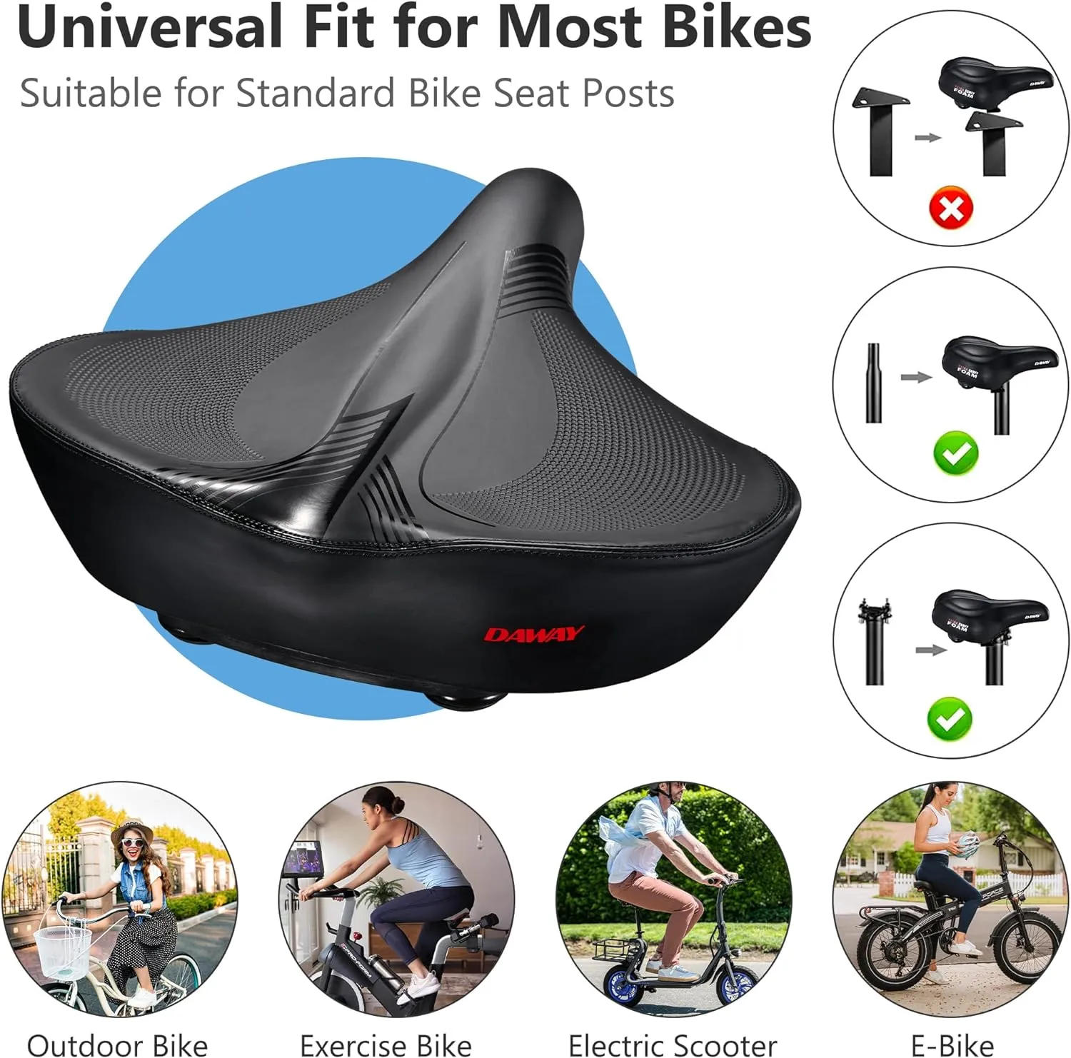 DAWAY C40 Ultra Comfortable Oversized Bike Seat - Memory Foam Padded, Extra Wide Bicycle Saddle, Ergonomic Replacement Cushion for Men Women - Fits for Peloton, Cruiser, Mountain, Road, Exercise Bikes