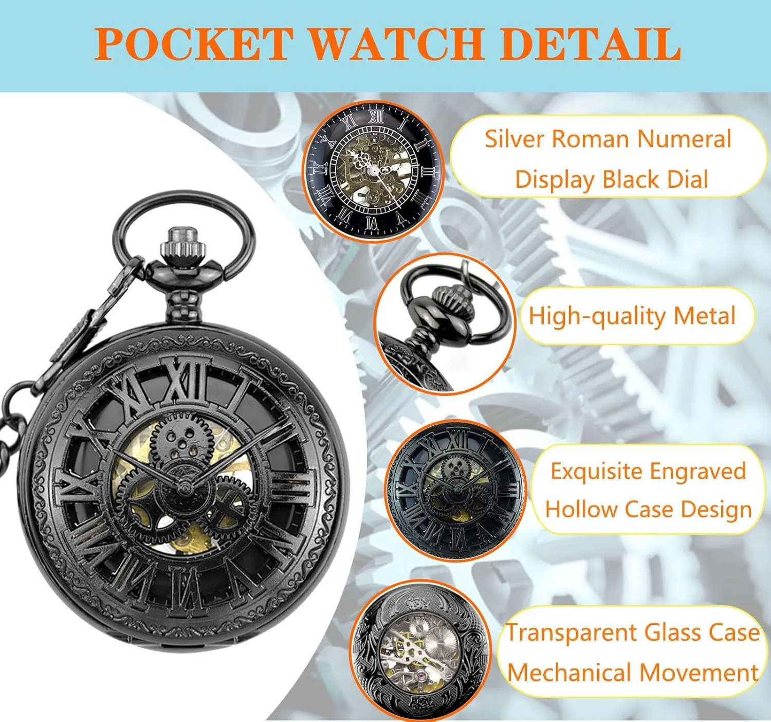 Ddjbdb Mens Pocket Watch Hollow Roman Numerals Gear Skeleton Hand Wind Mechanical Pocket Watches with Gift Box for Him Husband Son Dad Father