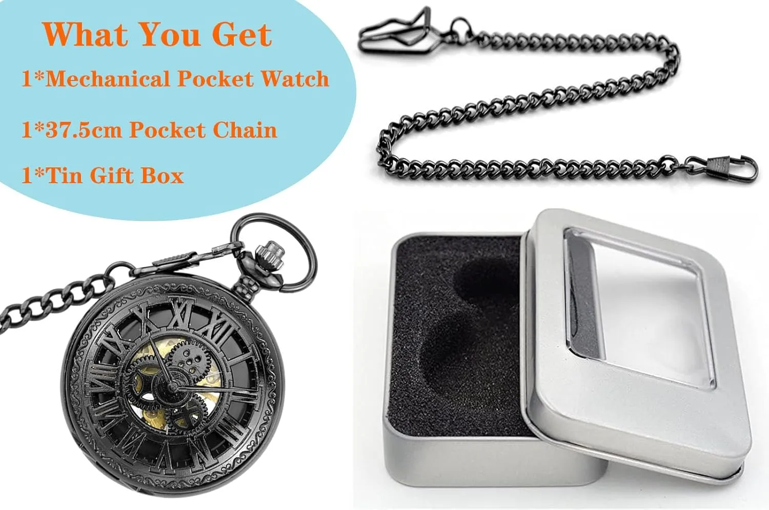 Ddjbdb Mens Pocket Watch Hollow Roman Numerals Gear Skeleton Hand Wind Mechanical Pocket Watches with Gift Box for Him Husband Son Dad Father