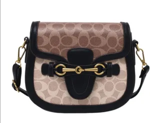 Designer Crossbody Bag, Signature Canvas Pattern With Brown Leather Trim, Gold Hardware