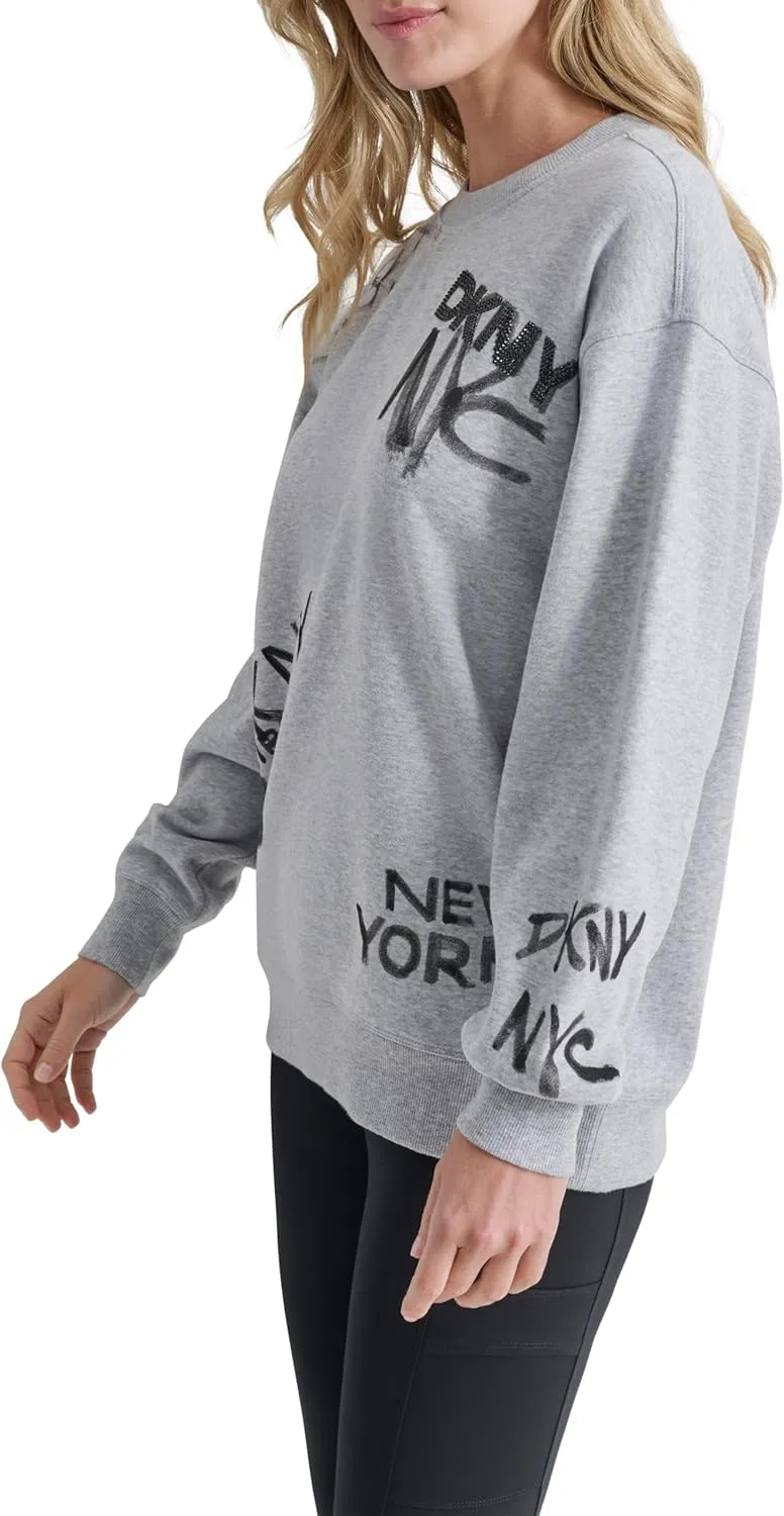 DKNY womens Logo Graffiti Crew Neck Crewneck Pullover