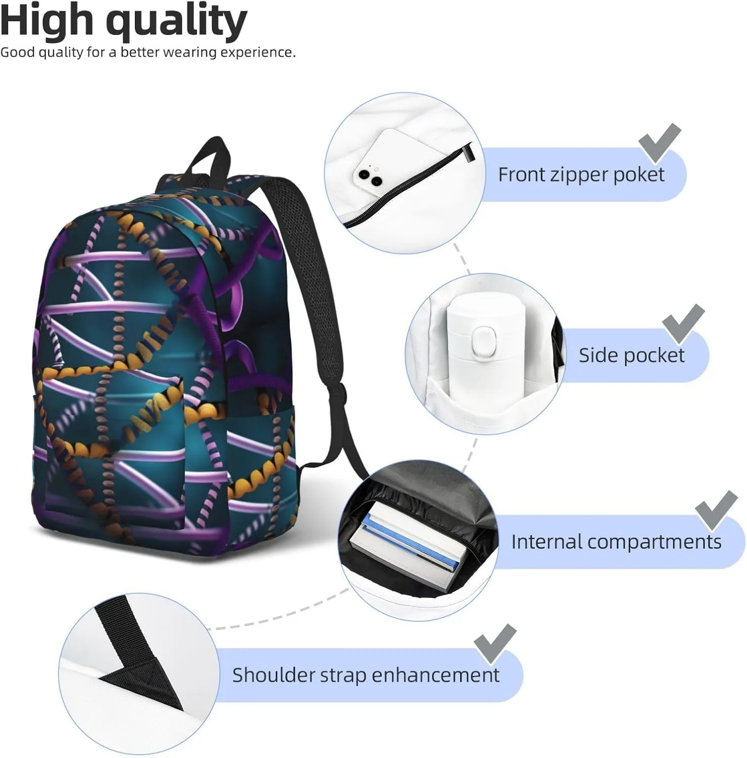 Dna Chain Photo Large Capacity Backpack, Men'S And Women'S Fashionable Travel Backpack, Leisure Work Bag,
