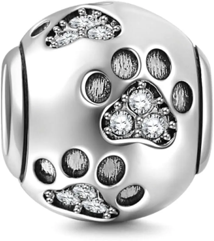 Dog Paw Print Charms 925 Sterling Silver Animal Birthstone Crystal Charms for Pandora 3mm Snake Chain Bracelets