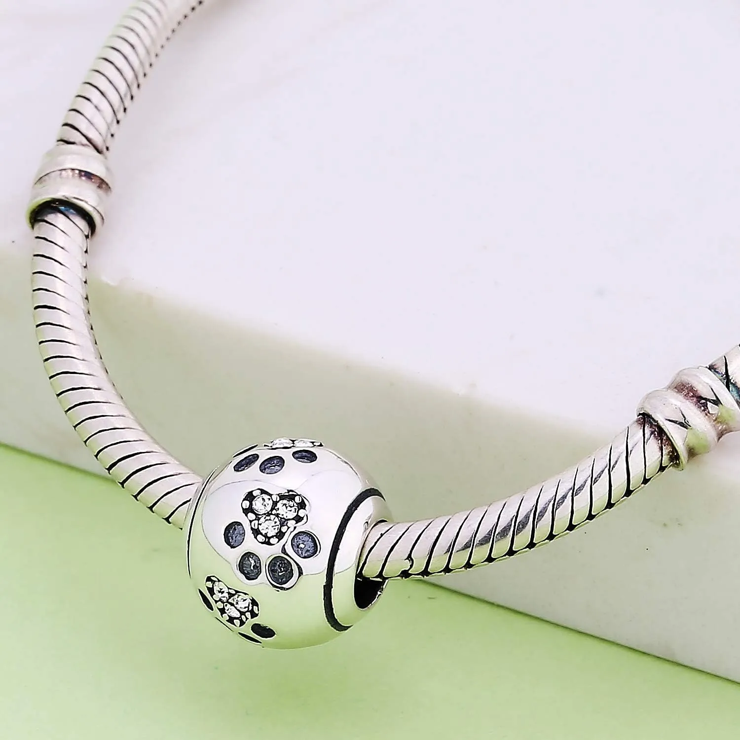 Dog Paw Print Charms 925 Sterling Silver Animal Birthstone Crystal Charms for Pandora 3mm Snake Chain Bracelets
