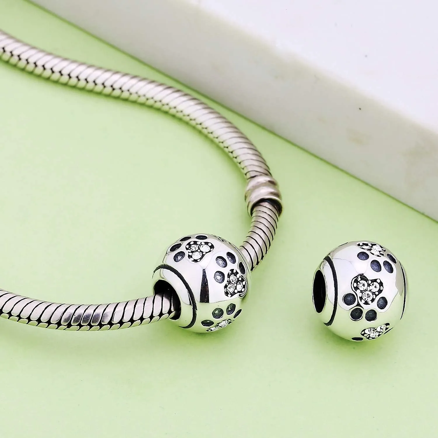 Dog Paw Print Charms 925 Sterling Silver Animal Birthstone Crystal Charms for Pandora 3mm Snake Chain Bracelets