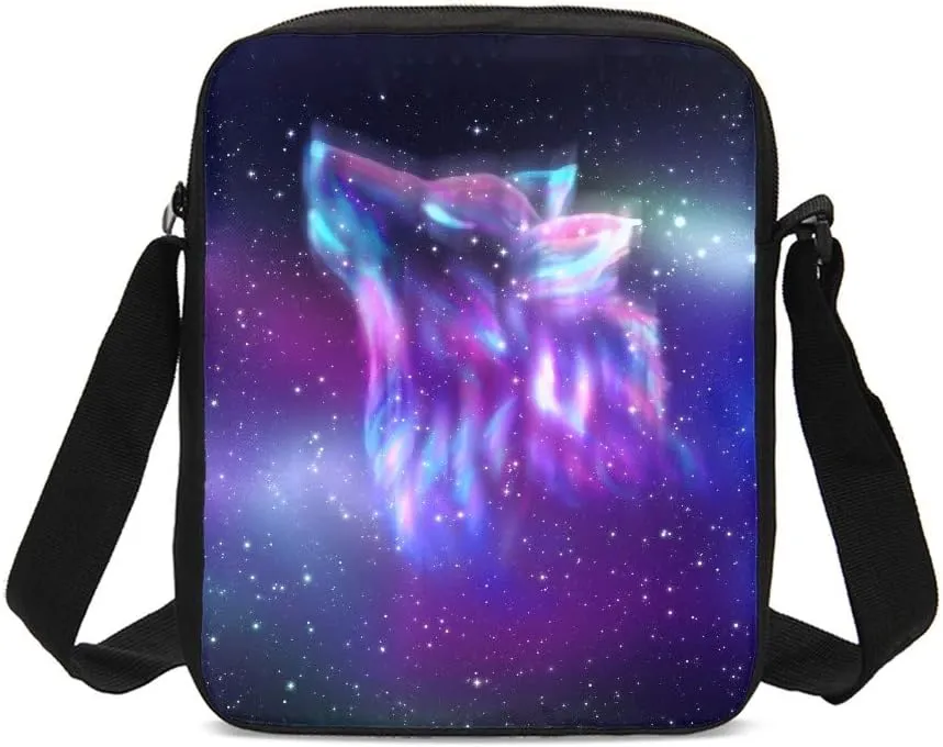 DuJiea Wolf Galaxy Kids Backpack Student Set 3 Piece Back To School Book Bag with Shouder Bag Pencil Case for Boys Girls 1-6th Grade