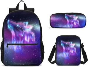 DuJiea Wolf Galaxy Kids Backpack Student Set 3 Piece Back To School Book Bag with Shouder Bag Pencil Case for Boys Girls 1-6th Grade