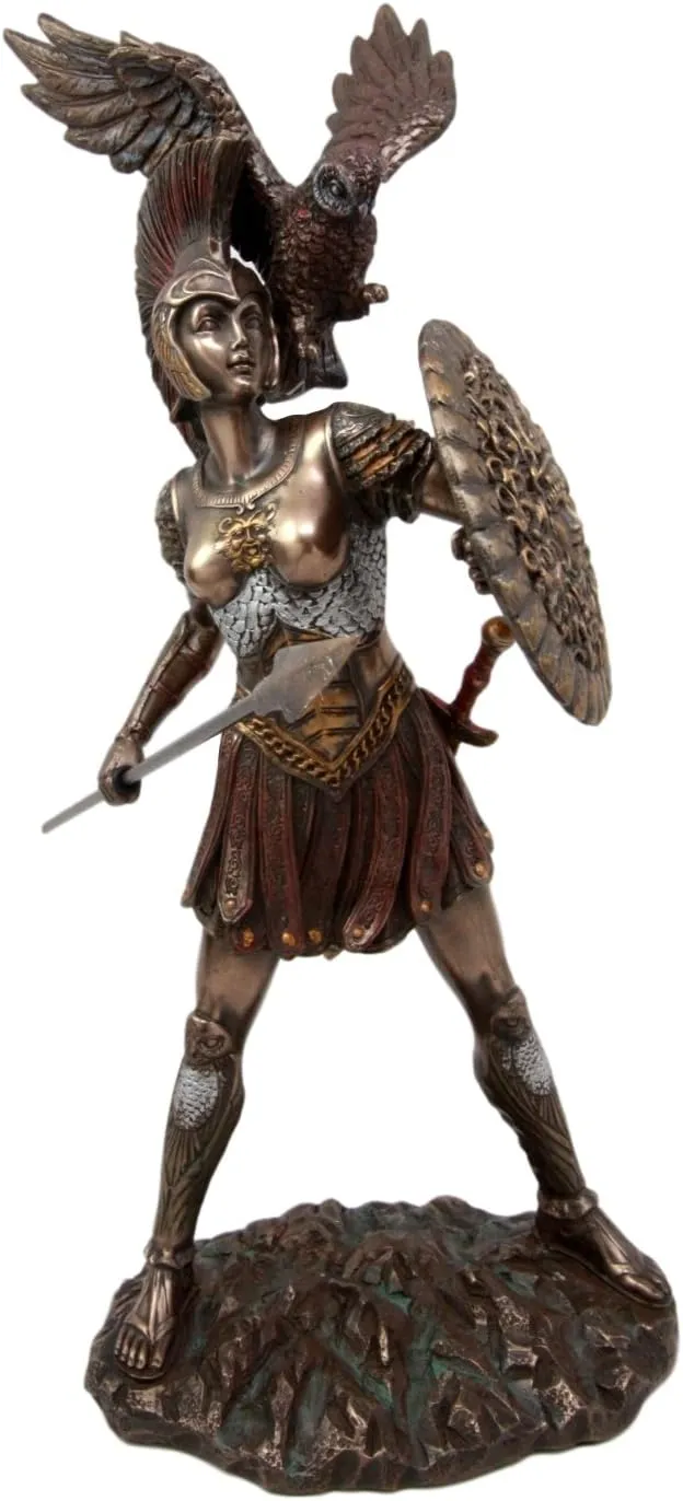 Ebros Athena Minerva with Wise Owl Statue Greek Roman Goddess of Wisdom Strategy and Battle Sculpture 12" H Greco Olympian Gods Decor Theme