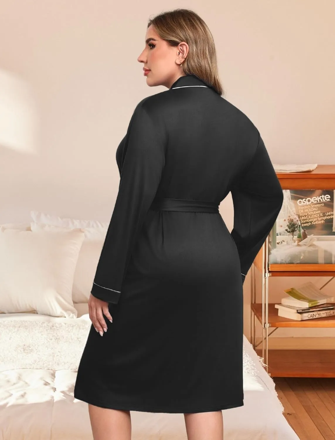 Ekouaer Plus Size Robes for Women Lightweight Bathrobe V Neck Kimono Loungewear Soft Maternity Robes with Pockets 1X-5X
