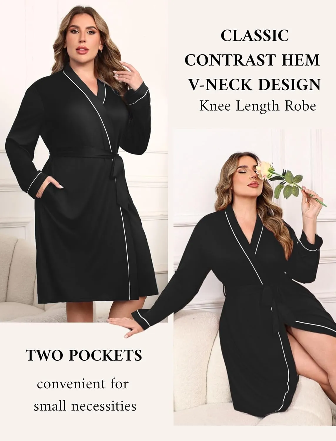 Ekouaer Plus Size Robes for Women Lightweight Bathrobe V Neck Kimono Loungewear Soft Maternity Robes with Pockets 1X-5X