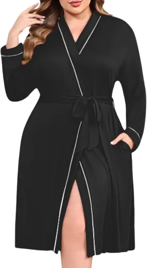 Ekouaer Plus Size Robes for Women Lightweight Bathrobe V Neck Kimono Loungewear Soft Maternity Robes with Pockets 1X-5X