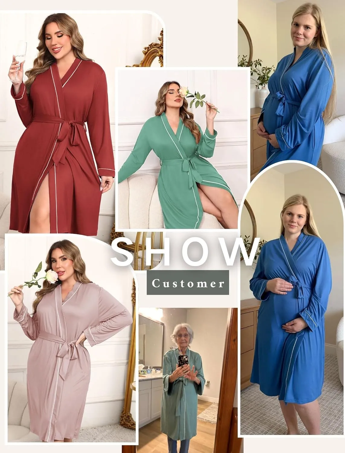 Ekouaer Plus Size Robes for Women Lightweight Bathrobe V Neck Kimono Loungewear Soft Maternity Robes with Pockets 1X-5X
