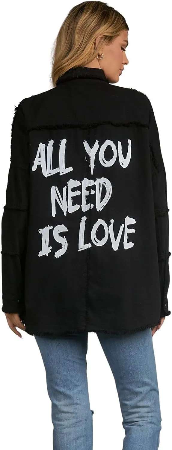 ELAN Women's All You Need Is Love Distressed Shirt Jacket
