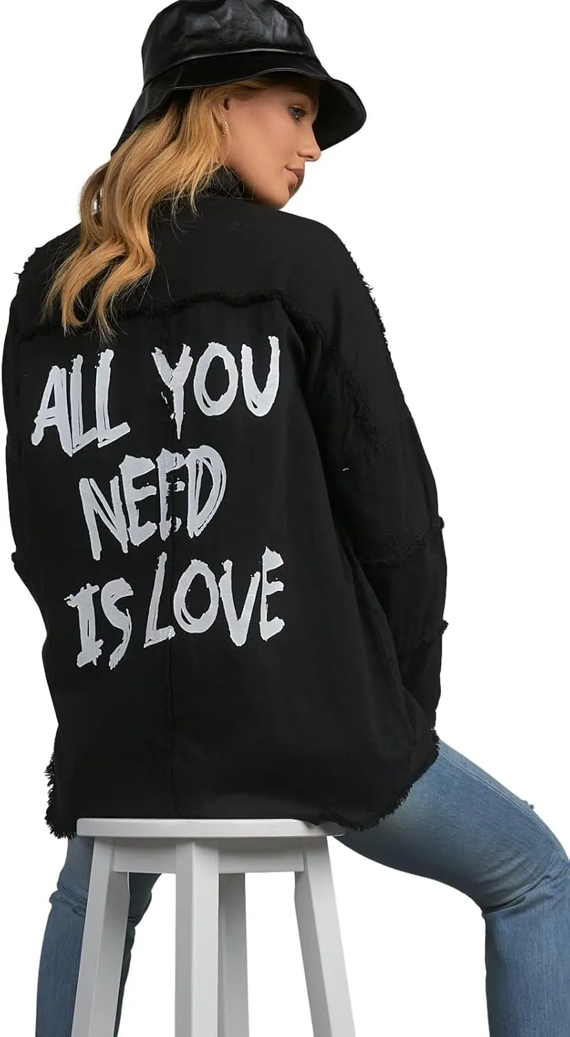 ELAN Women's All You Need Is Love Distressed Shirt Jacket