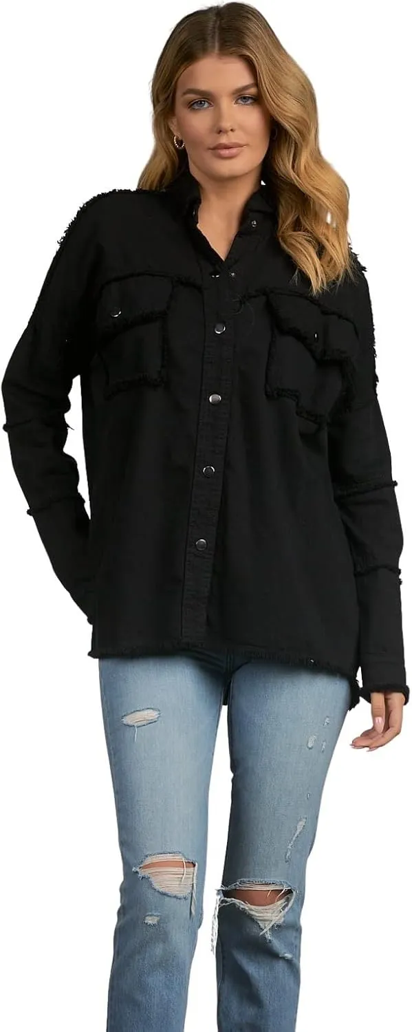 ELAN Women's All You Need Is Love Distressed Shirt Jacket