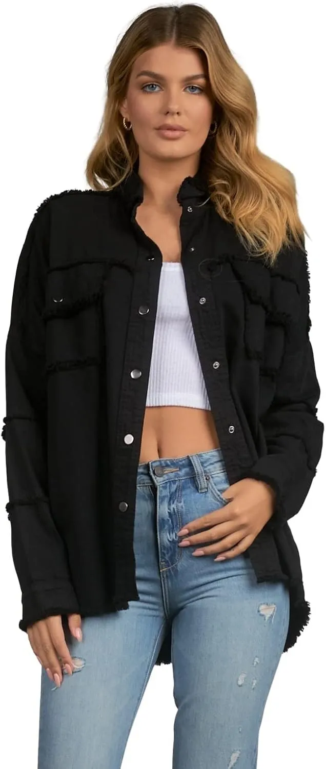 ELAN Women's All You Need Is Love Distressed Shirt Jacket