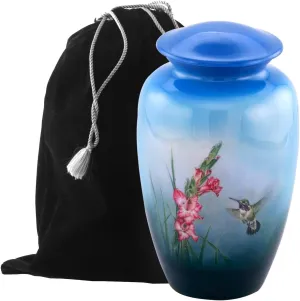 Eternitymart's Aesthetic Painted Cremation Urn - Affordable Metal Urn - Hand Painted Solid Metal Urn for Ashes, Adult Cremation Urn with Free Velvet Bag (Hummingbird)