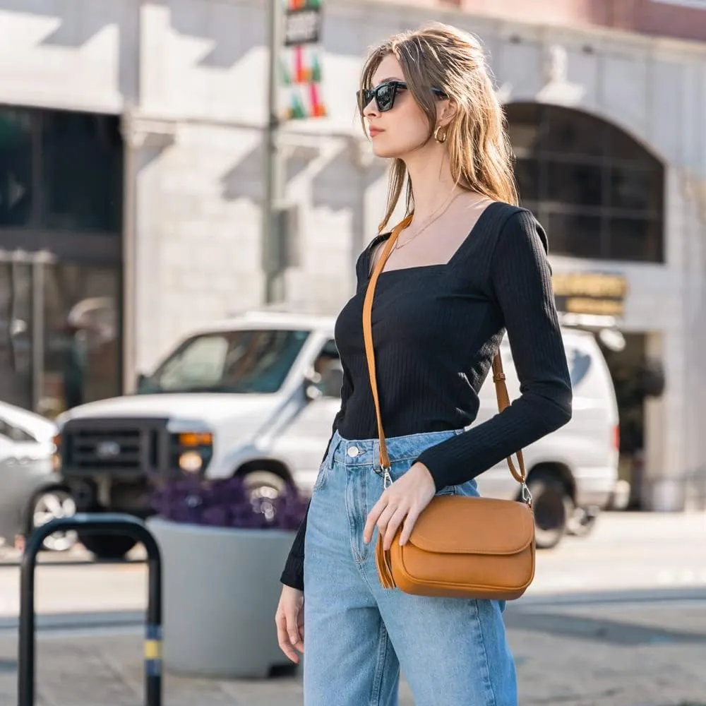 EVVE Small Crossbody Bags for Women Trendy Flap Saddle Purses with Tassel Vegan leather Shoulder bag