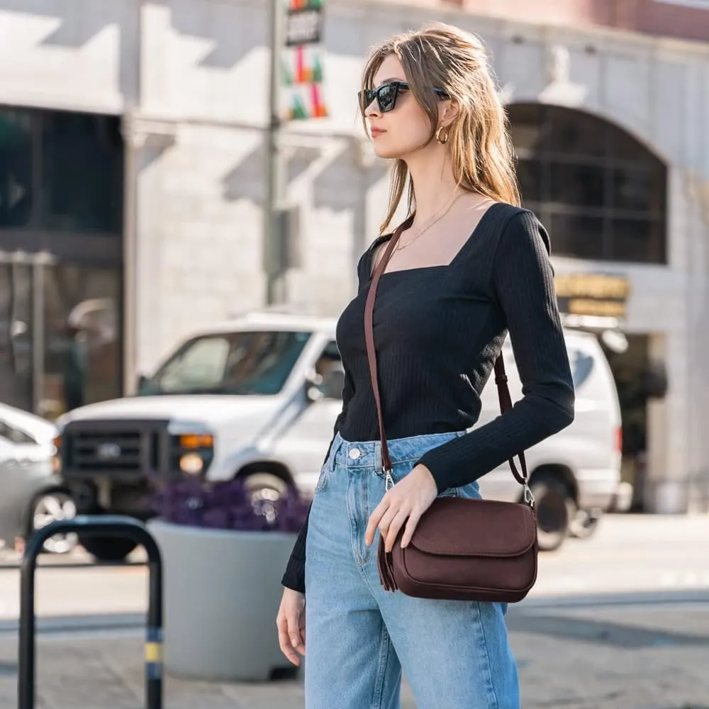 EVVE Small Crossbody Bags for Women Trendy Flap Saddle Purses with Tassel Vegan leather Shoulder bag