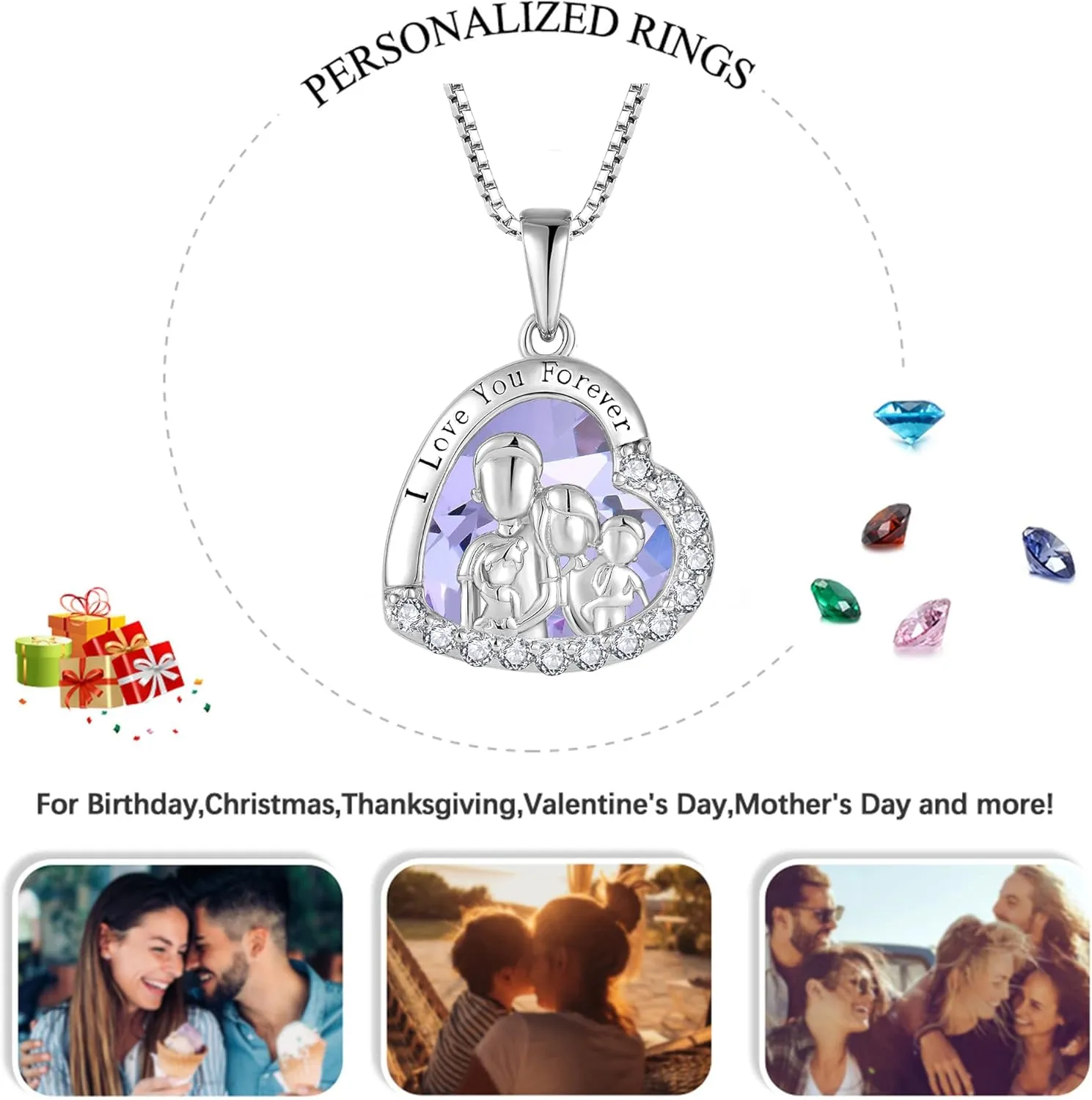 Family Necklace 925 Sterling Silver Love Heart Birthstone Necklace Always I Love You Forever Gifts for Sister from Brother Necklace Jewelry Anniversary Birthday Gift for Daughter Father Mother for Mother's Day