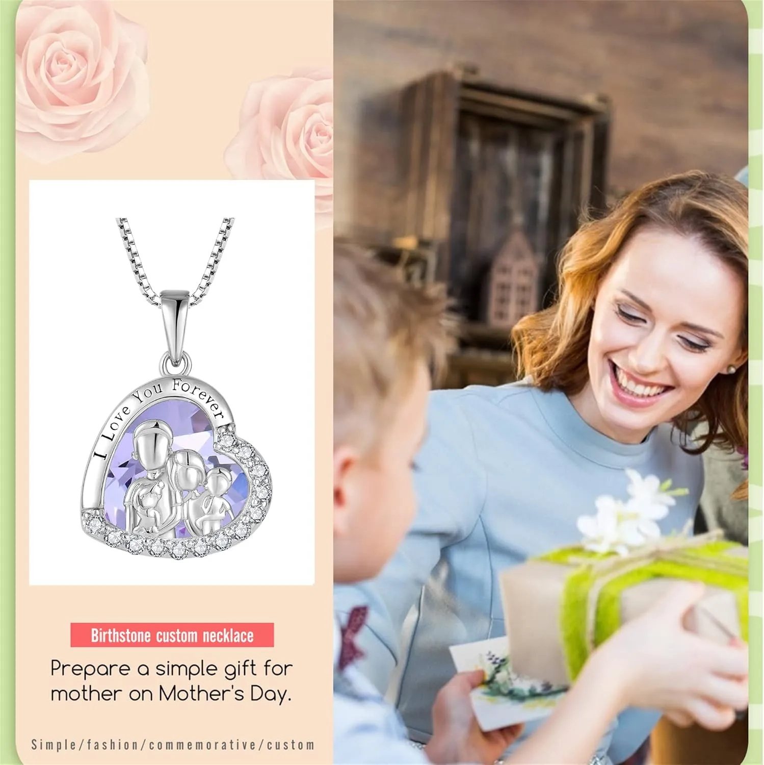 Family Necklace 925 Sterling Silver Love Heart Birthstone Necklace Always I Love You Forever Gifts for Sister from Brother Necklace Jewelry Anniversary Birthday Gift for Daughter Father Mother for Mother's Day