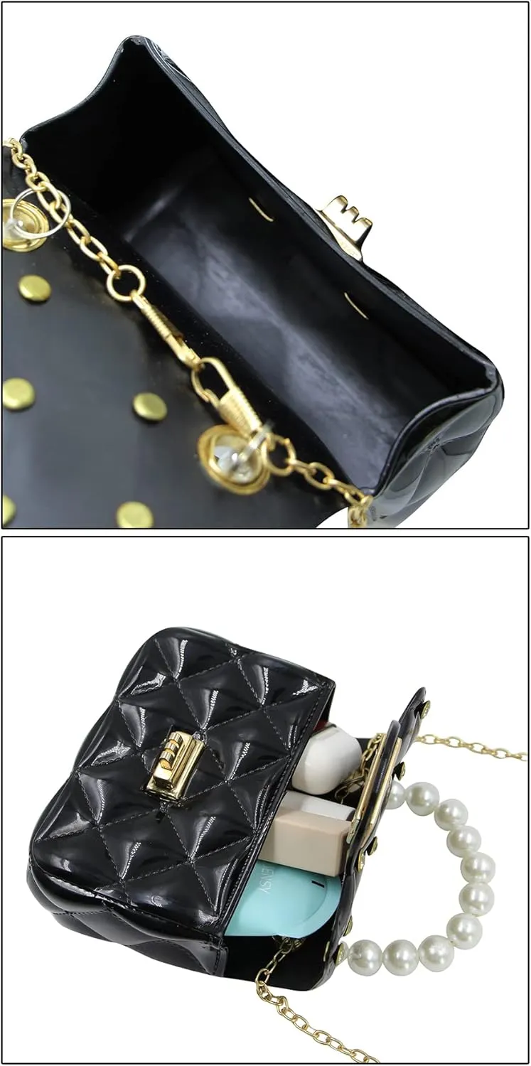 Fashion Candy Color Handbag Satchel Mini Pink Purse Jelly Shoulder Bag Crossbody Purse with Pearls Handle Chain Strap(Small)