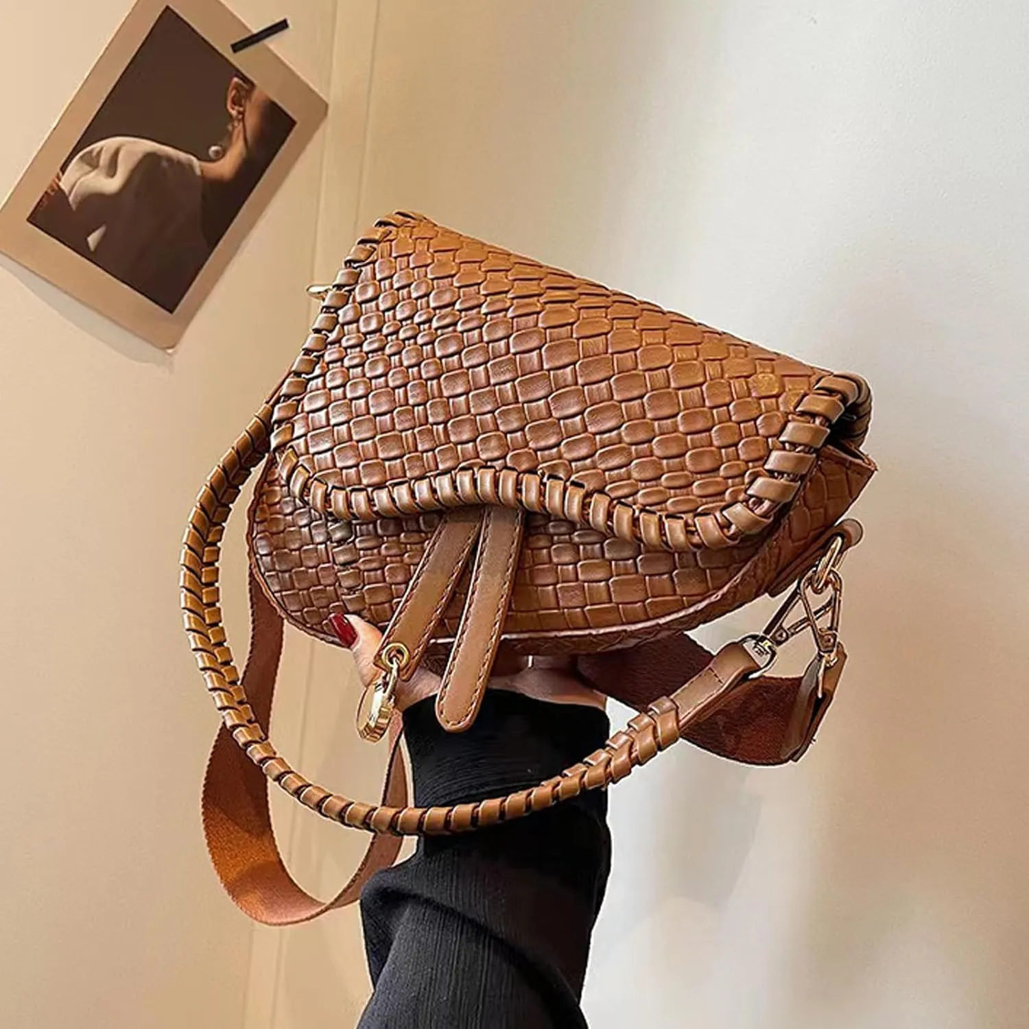 fashion women saddle shoulder bag clutch purse small crossbody satchel handbag woven imitation crocodile leather bag
