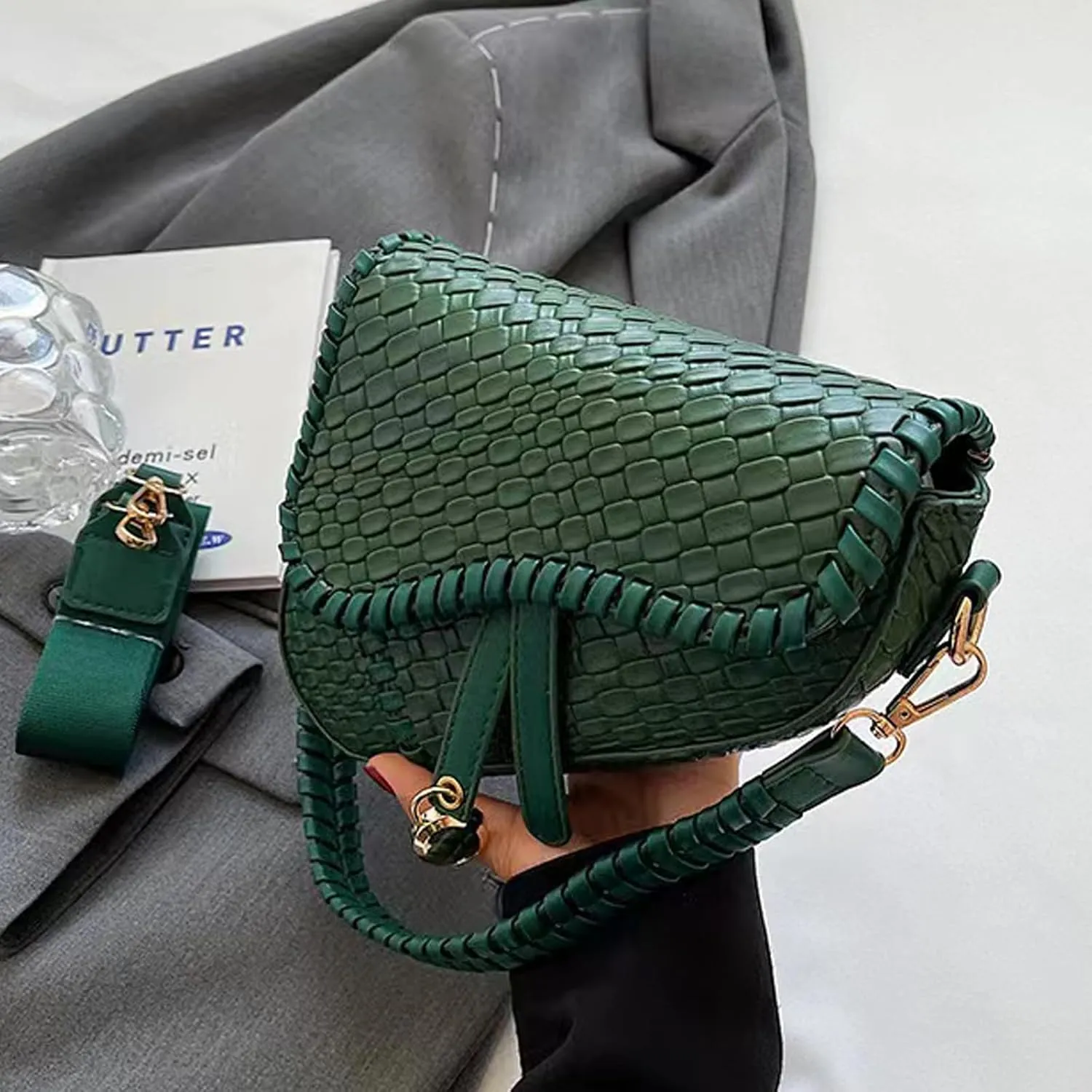 fashion women saddle shoulder bag clutch purse small crossbody satchel handbag woven imitation crocodile leather bag