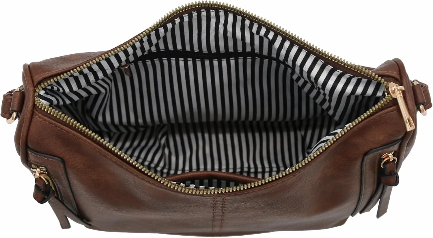 FashionPuzzle Faux Leather Two Front Zipper Pocket Crossbody Saddle Bag (Coffee)