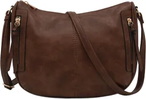 FashionPuzzle Faux Leather Two Front Zipper Pocket Crossbody Saddle Bag (Coffee)