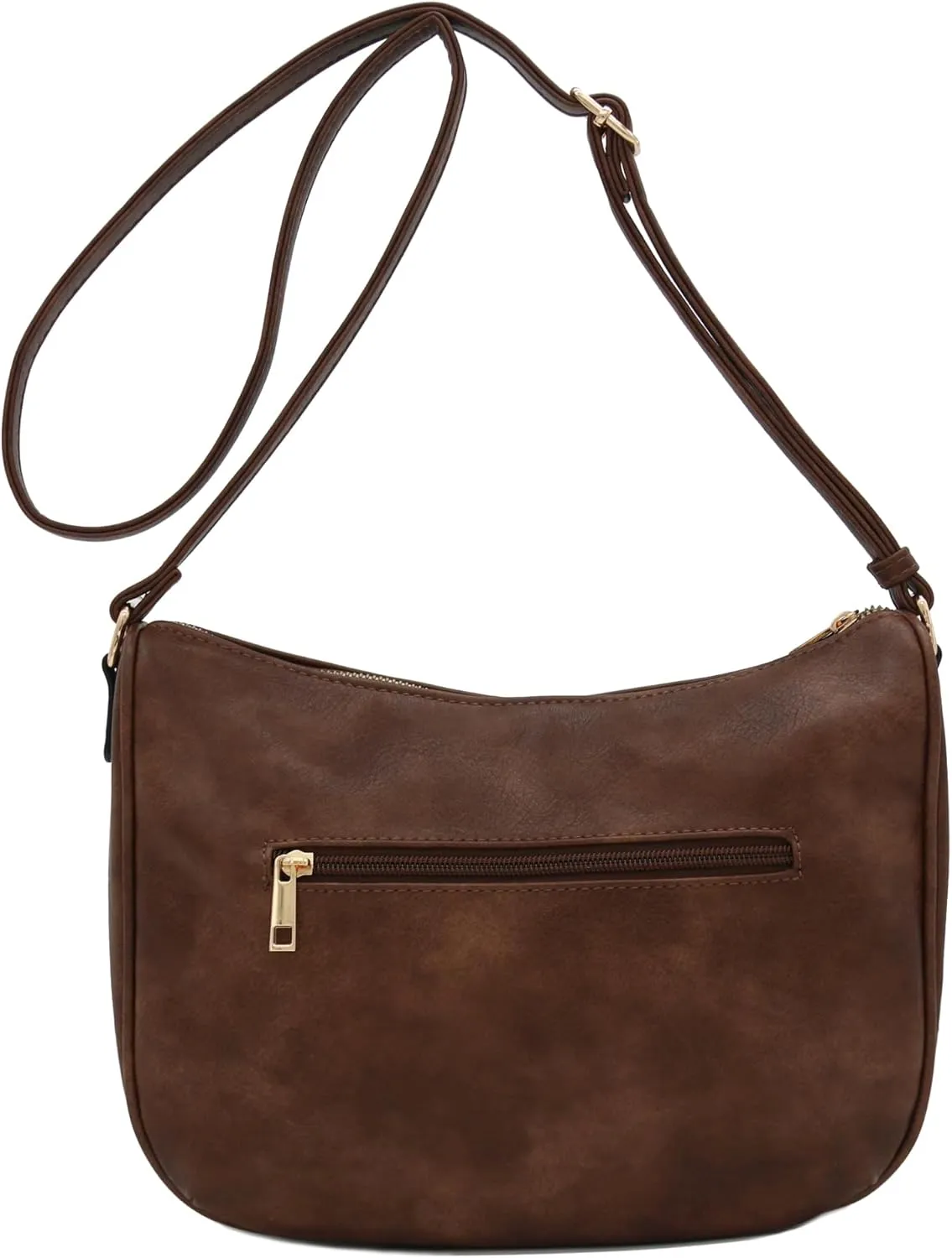FashionPuzzle Faux Leather Two Front Zipper Pocket Crossbody Saddle Bag (Coffee)