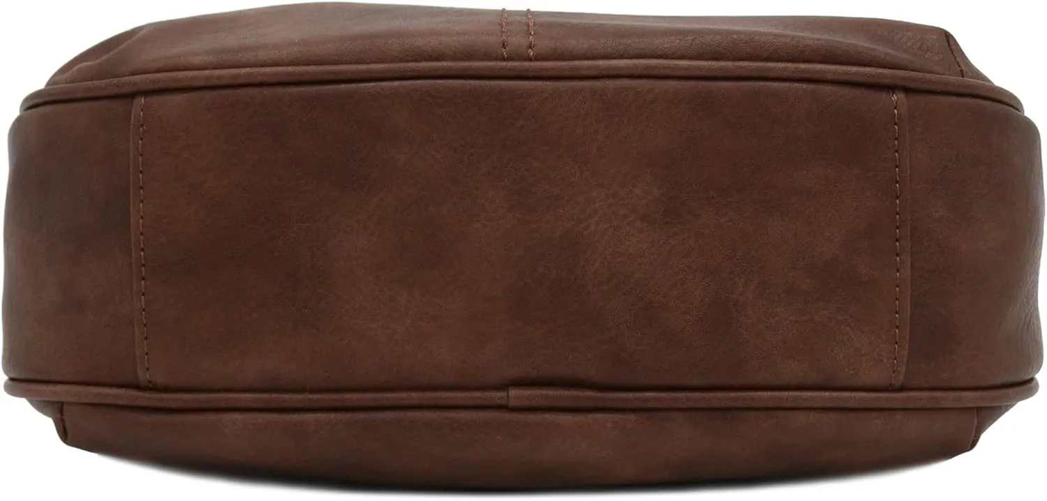 FashionPuzzle Faux Leather Two Front Zipper Pocket Crossbody Saddle Bag (Coffee)