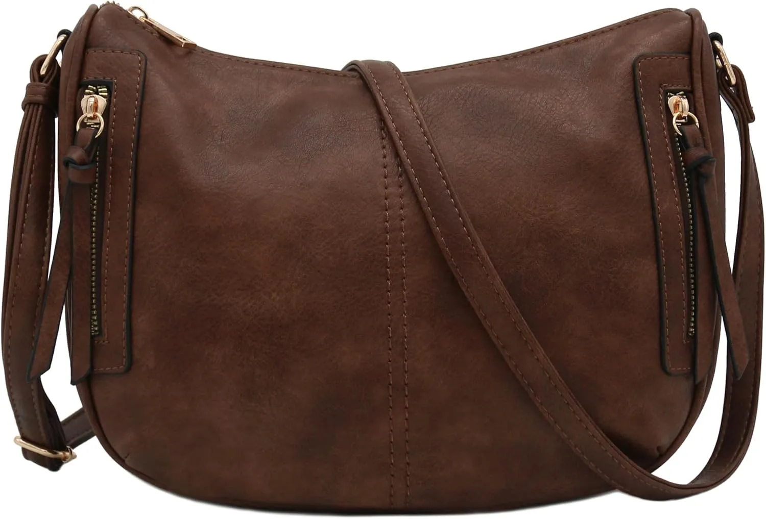 FashionPuzzle Faux Leather Two Front Zipper Pocket Crossbody Saddle Bag (Coffee)