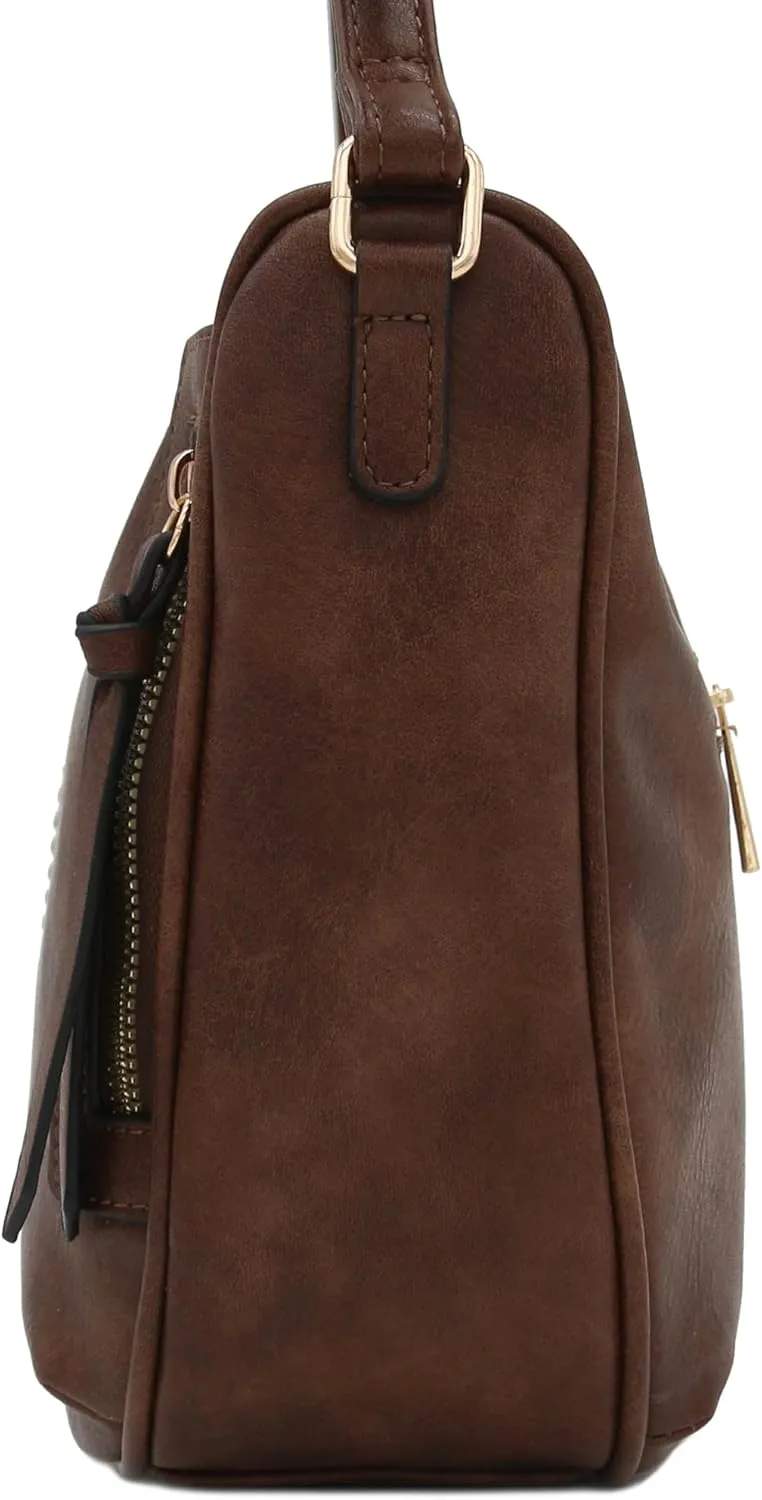 FashionPuzzle Faux Leather Two Front Zipper Pocket Crossbody Saddle Bag (Coffee)