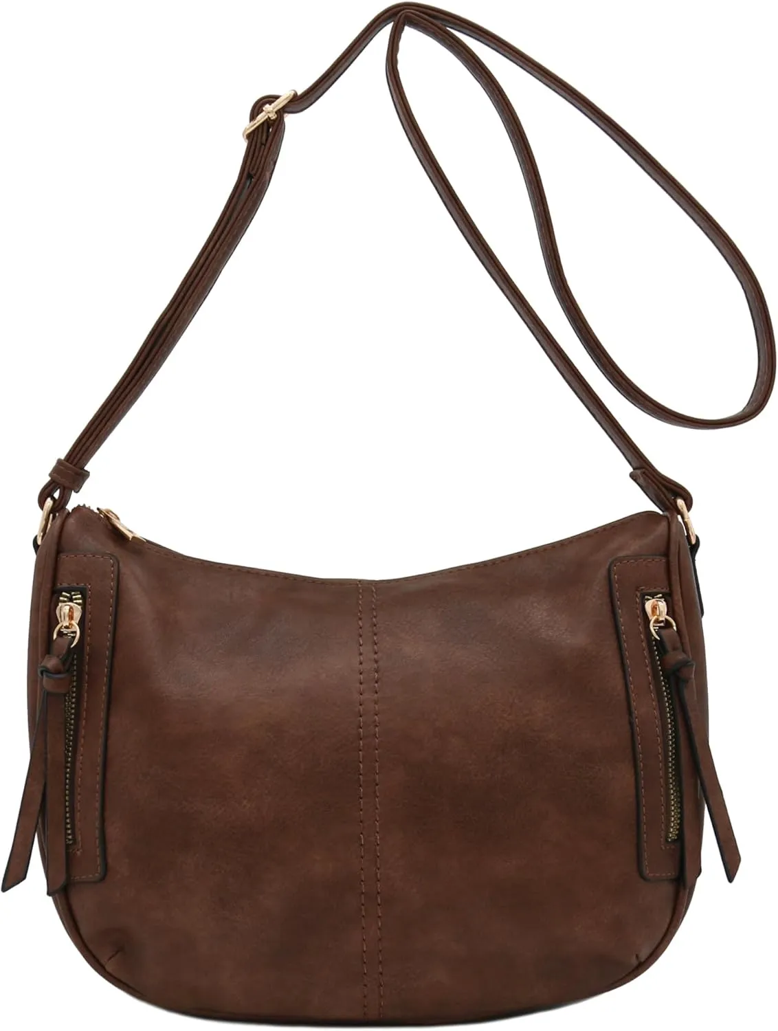FashionPuzzle Faux Leather Two Front Zipper Pocket Crossbody Saddle Bag (Coffee)