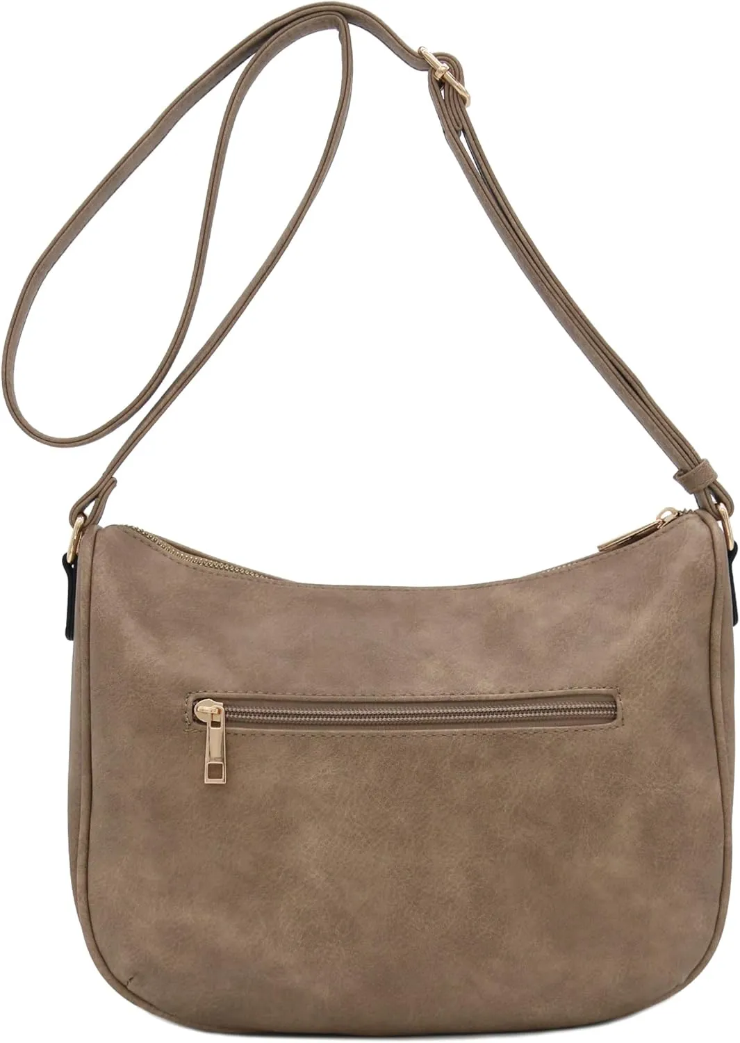 FashionPuzzle Faux Leather Two Front Zipper Pocket Crossbody Saddle Bag (LightTaupe)