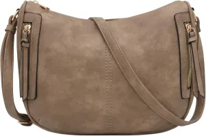 FashionPuzzle Faux Leather Two Front Zipper Pocket Crossbody Saddle Bag (LightTaupe)