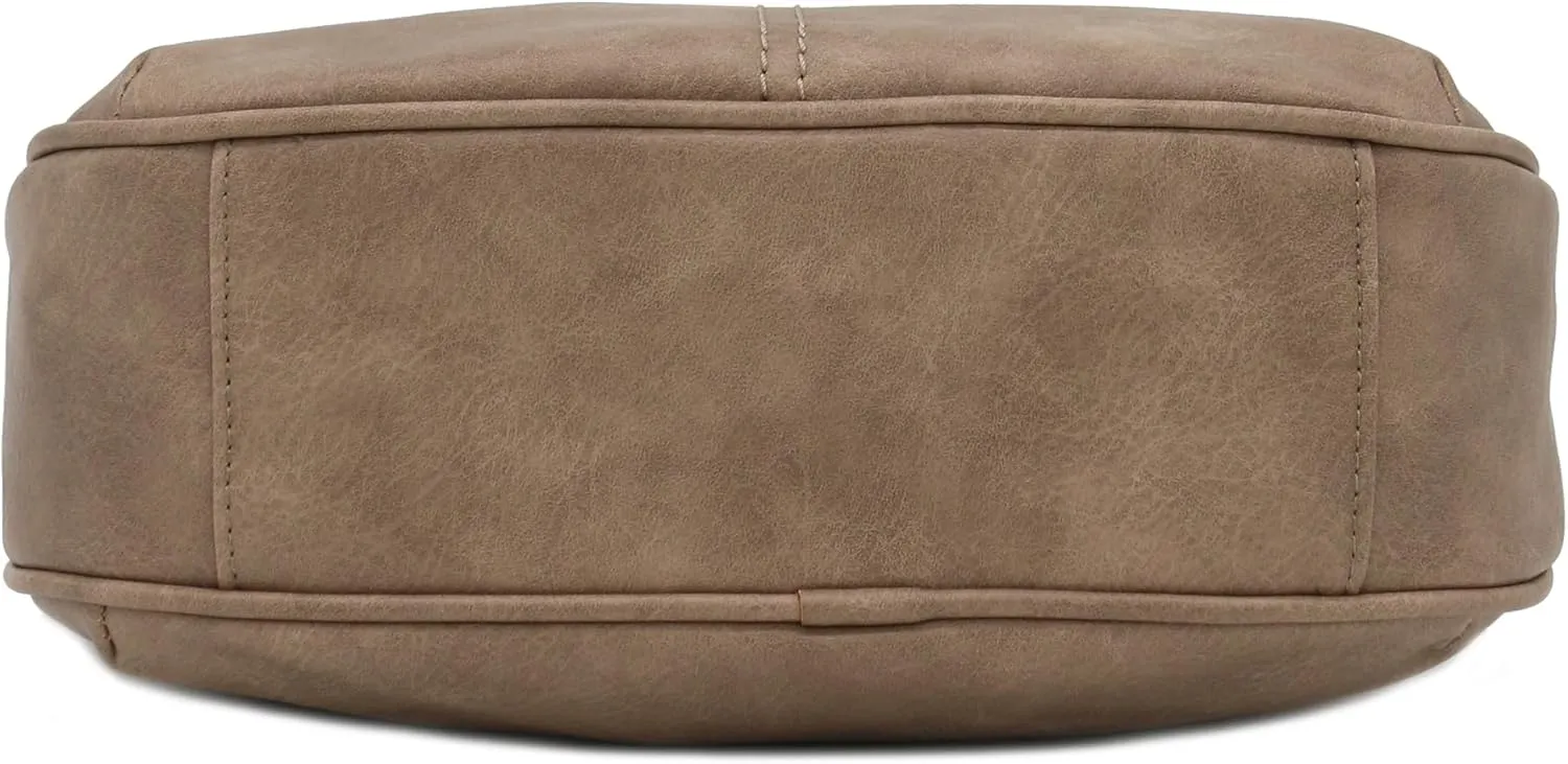 FashionPuzzle Faux Leather Two Front Zipper Pocket Crossbody Saddle Bag (LightTaupe)