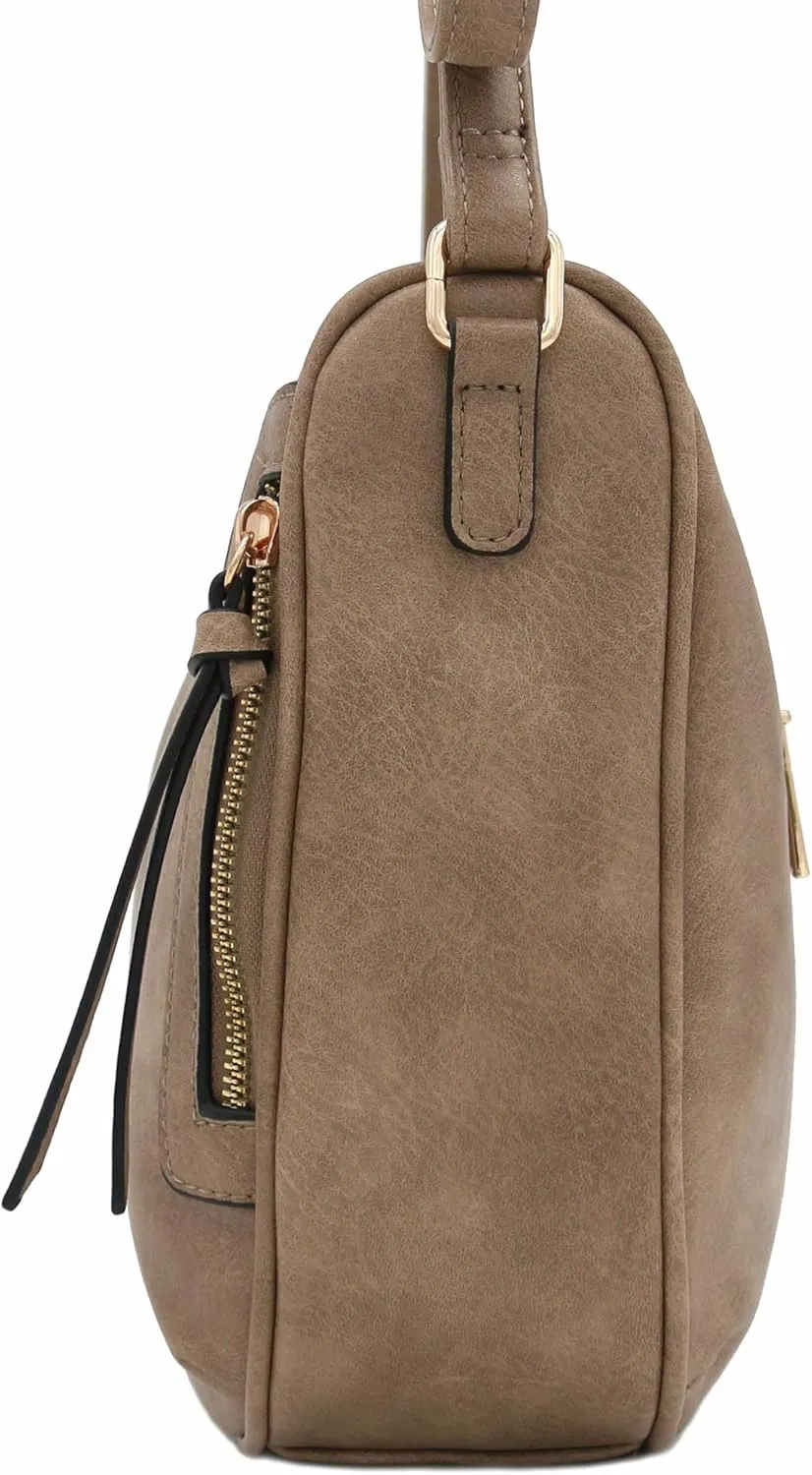FashionPuzzle Faux Leather Two Front Zipper Pocket Crossbody Saddle Bag (LightTaupe)