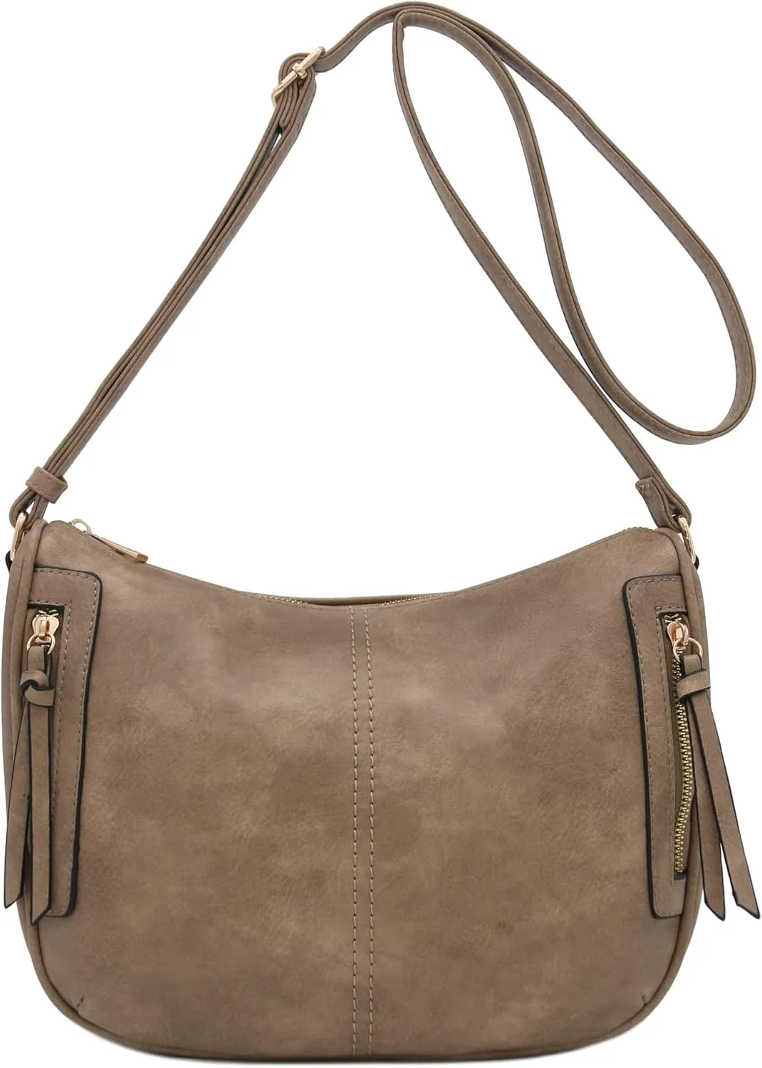 FashionPuzzle Faux Leather Two Front Zipper Pocket Crossbody Saddle Bag (LightTaupe)