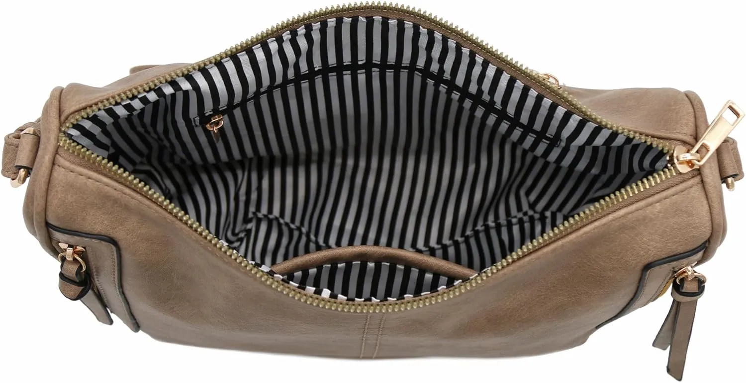FashionPuzzle Faux Leather Two Front Zipper Pocket Crossbody Saddle Bag (LightTaupe)