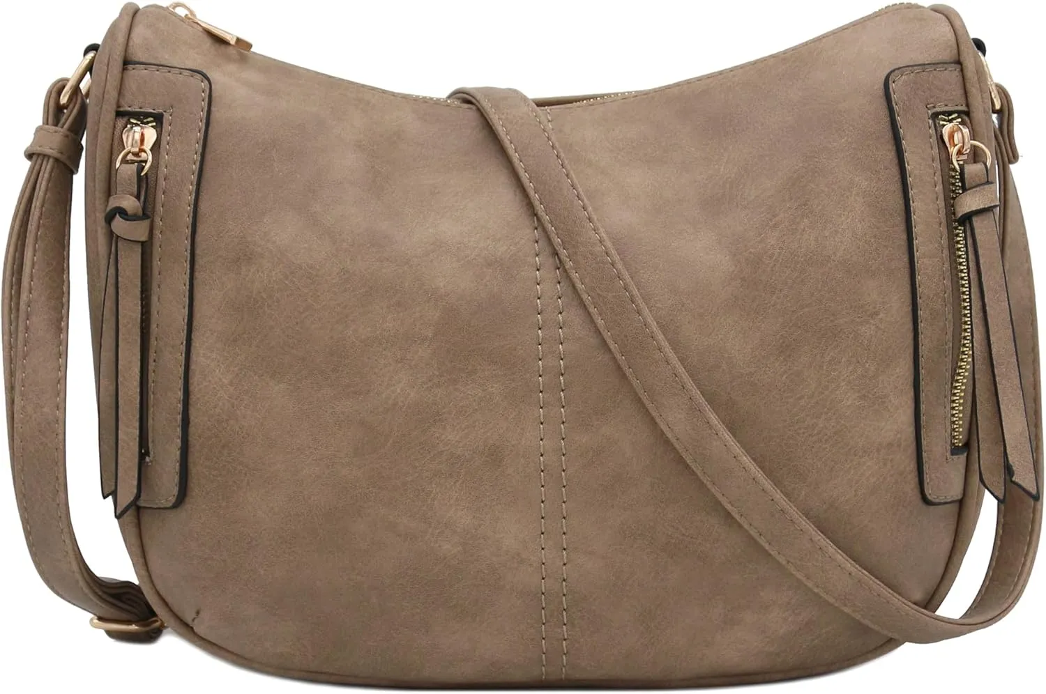 FashionPuzzle Faux Leather Two Front Zipper Pocket Crossbody Saddle Bag (LightTaupe)