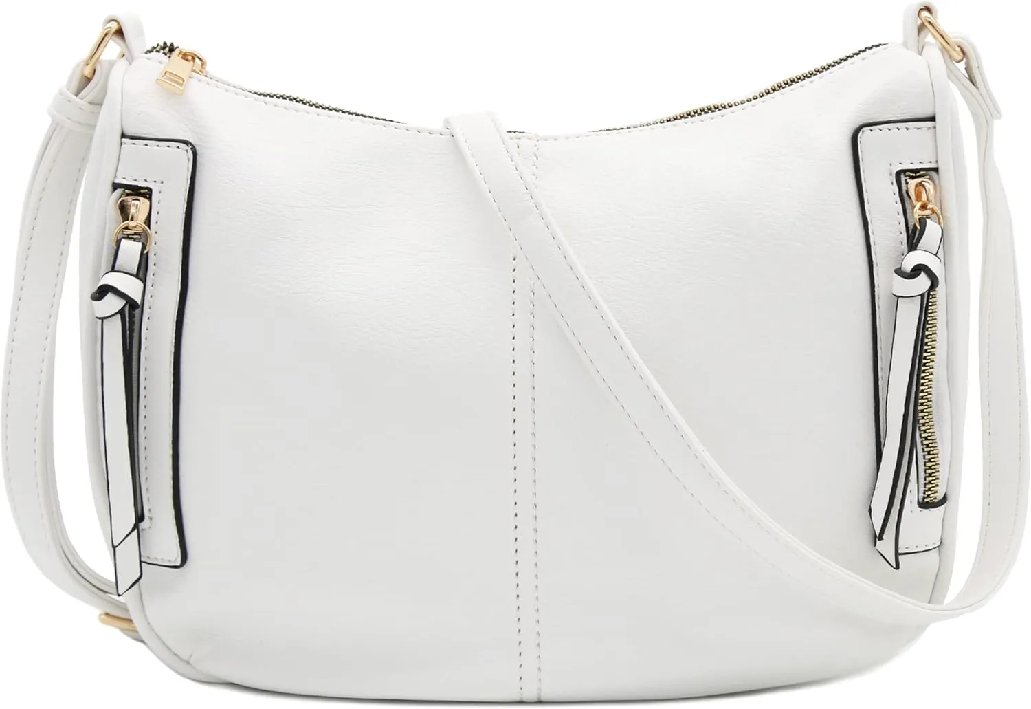 FashionPuzzle Faux Leather Two Front Zipper Pocket Crossbody Saddle Bag (White)